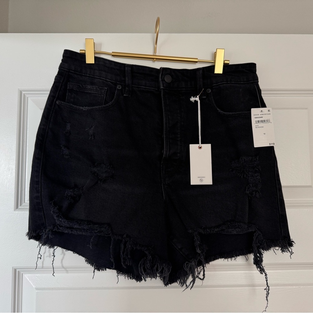 Good American Bombshell Distressed Black Denim Shorts